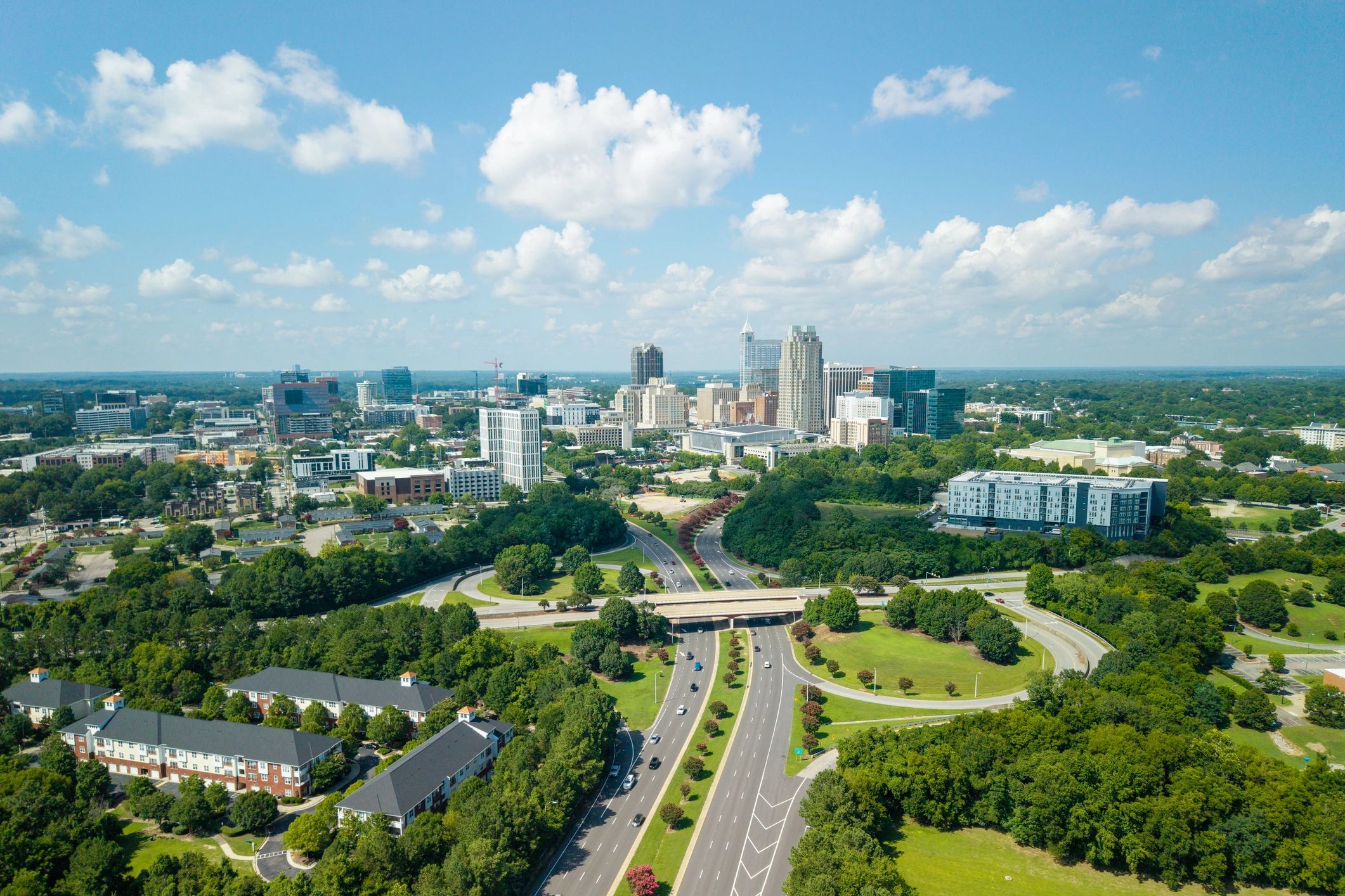 Raleigh North Carolina - Skyline and Highway - Sunny - Wide Shot
