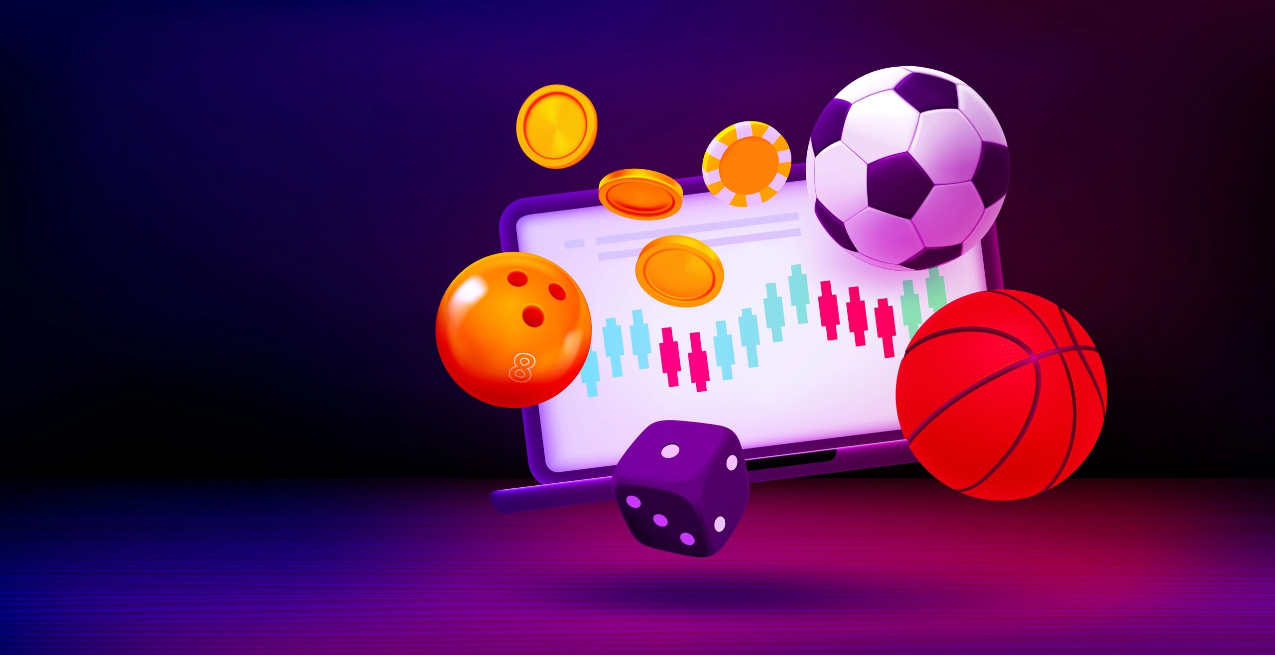 Online sports rates concept with laptop. 3d vector banner with copy space