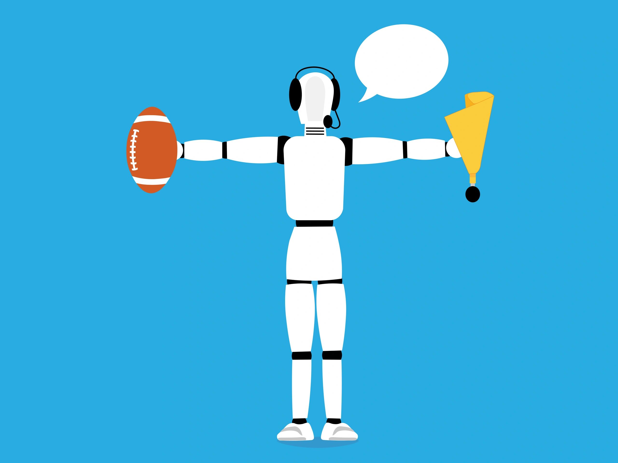 AI referee with speech bubble.